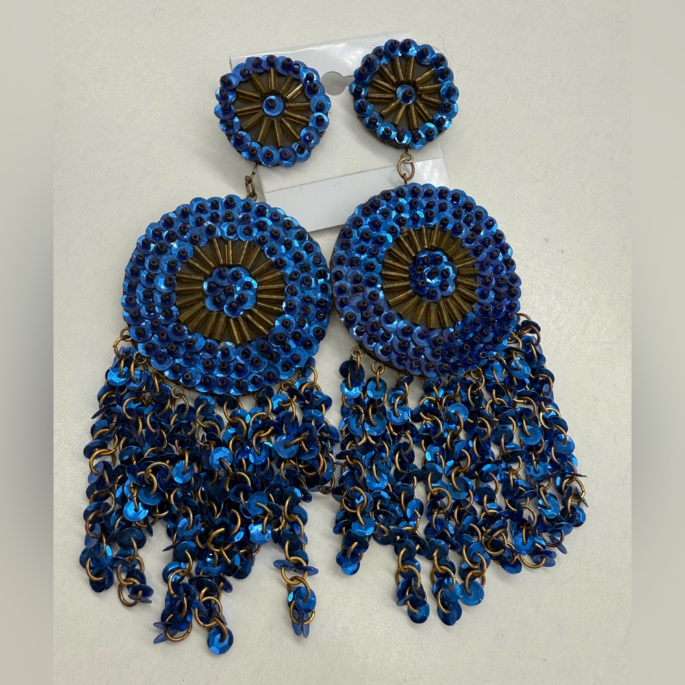 Vintage royal blue sequin statement earrings 1980’s Style oversized sparkly dark